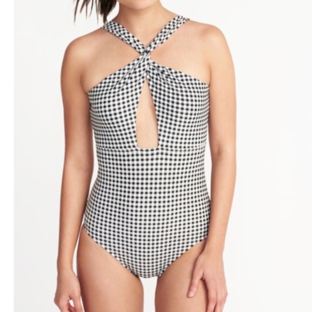 Cute one-piece cut out halter top gingham bathing suit